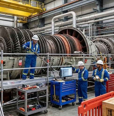 Team working to retrieve parts from turbine